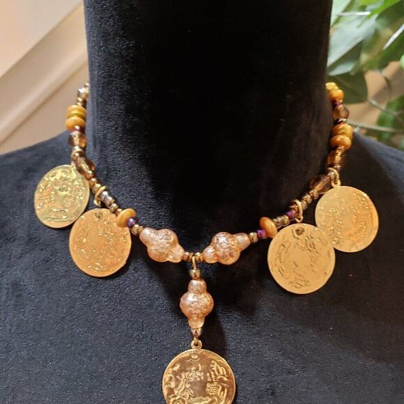 Gold Plating Coin and Round Beaded Stylish Necklace Lobster Clasp - Picture 2 of 7